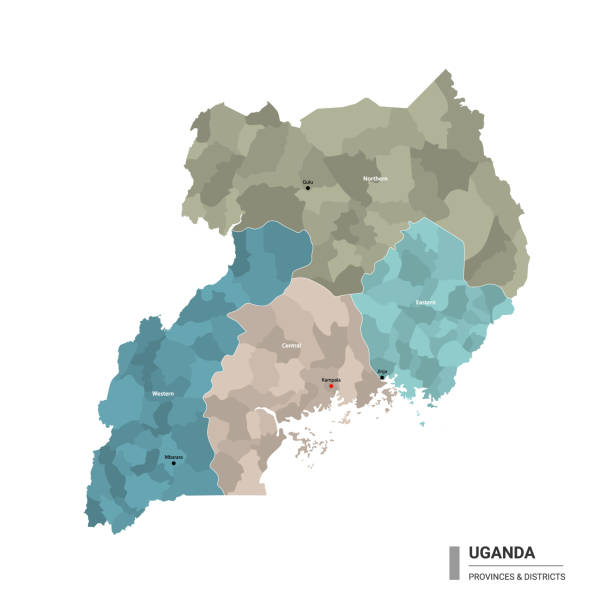Uganda higt detailed map with subdivisions. Uganda higt detailed map with subdivisions. Administrative map of Uganda with districts and cities name, colored by states and administrative districts. Vector illustration with editable and labelled layers. uganda stock illustrations