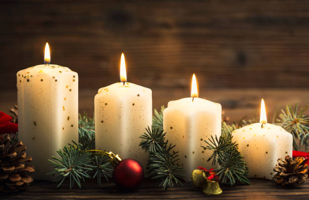 istock Christmas decoration with candles on the wooden table 1284962009