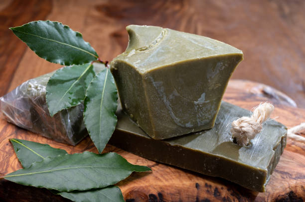 istock Blocks of handmade bio vegetal laurel bay leaf soap 1284962329