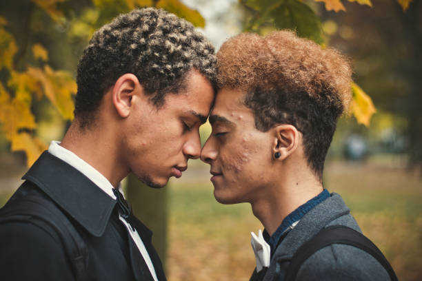 Handsome young gay couple standing head to head in park during autumn Handsome young gay couple standing head to head in park during autumn. Concept of same sex love, equality and LGBT rights. Protests! civil partnership stock pictures, royalty-free photos & images