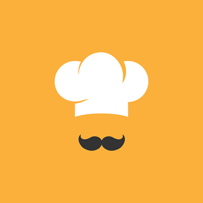 Chef cook cap with mustaches icon isolated on orange background. Cooking cap label. Menu card. Bakery Logo. Flat vector illustration.