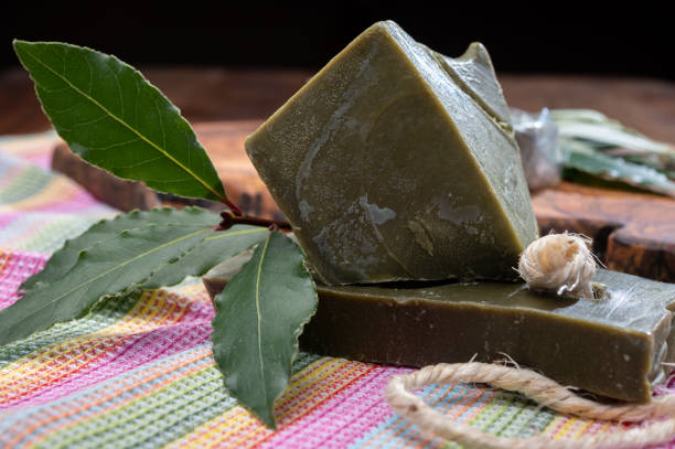 Blocks of handmade bio vegetal laurel bay leaf soap Green blocks of handmade bio vegetal laurel bay leaf soap from Provence, France savon stock pictures, royalty-free photos & images