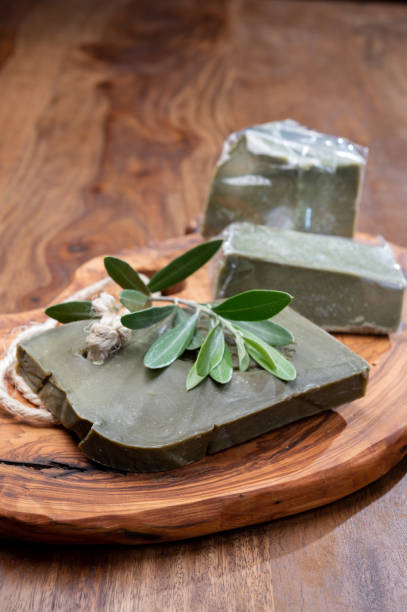 Blocks of handmade bio vegetal natural olives and bay leaf soap Green blocks of handmade bio vegetal natural olives and bay leaf soap from Provence, France savon stock pictures, royalty-free photos & images