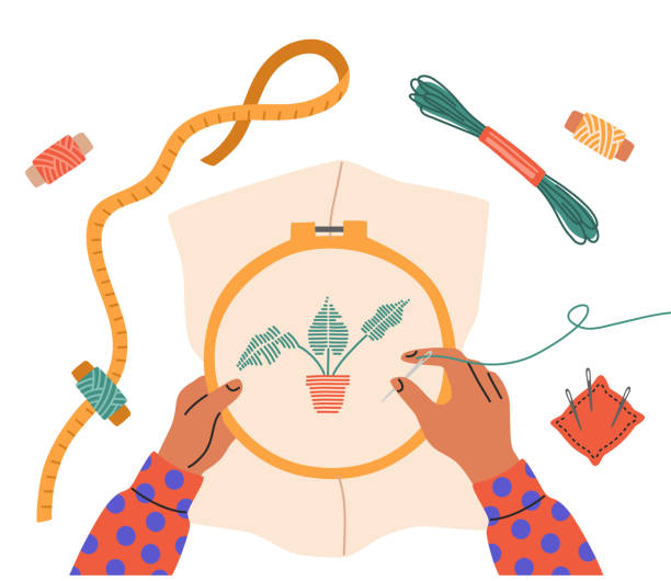 ilustrações de stock, clip art, desenhos animados e ícones de top view of a child's hands embroider a flower, sewing needles - thread tailor art sewing