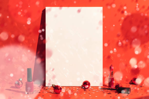 紙吹雪の雨と赤の背景に雑誌カバーモックアップ、テンプレートや化粧品