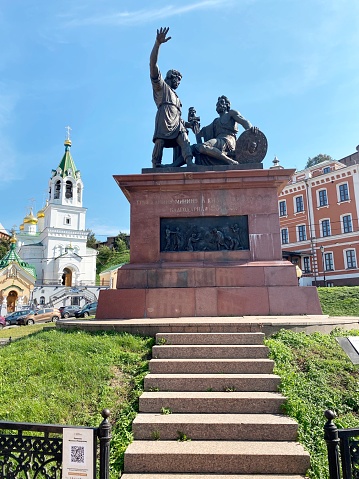 Nizhny Novgorod, Russia - August 31, 2020: Minin and Pozharsky Monument in Nizhny Novgorod city center, copy of Monument installed on Red Square in Moscow