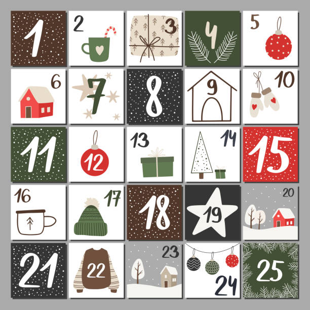 weihnachts-adventskalender mit handgezeichneten elementen - kiefer, socken, kaffeetasse, geschenk, haus. - advent stock-grafiken, -clipart, -cartoons und -symbole