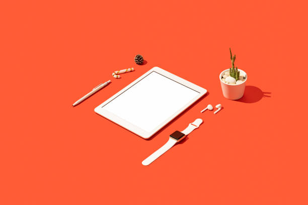 istock Christmas concept flat lay with blank screen digital tablet template on red background 1284967513