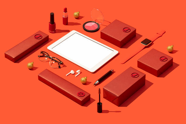 istock Digital tablet mockup, template on red background with red gift boxes and makeup, cosmetics flat lay. 1284968289
