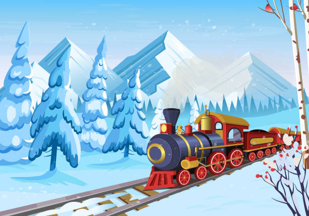 istock Winter forest with fir trees mountains and old christmas train. Vector cartoon illustration. Horizontal background. Christmas card. 1284968415