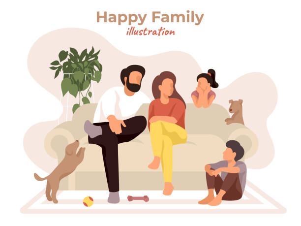 편안한 소파에 앉아 이야기하는 행복한 가족. 부모와 아이들은 아늑한 집에서 개와 함께 재미를. 자연 색상의 만화 인테리어. 모던스테이 세이프 벡터 일러스트레이션 - couch stock illustrations