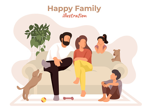Happy family spending time together. Parents and children sitting on the comfortable couch, play with the dogs and talking. Clean modern illustration in natural colors
