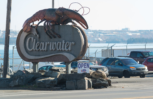 Bedford, Canada - November 10, 2020 - Clearwater Seafood's retail storefront signage. A coalition of Mi’kmaq First Nations and Premium Brands Corporation have bought Clearwater Seafoods, Atlantic Canada’s largest seafood company.