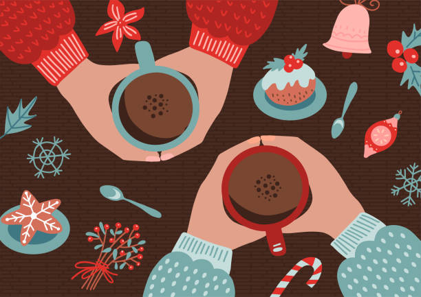 ilustrações de stock, clip art, desenhos animados e ícones de friendship concept with human hands holding cup of coffee. christmas, new year card design. top view scene. christmas gingerbread , candies. homemade cookies for the new year. vector flat illustration - coffee top view