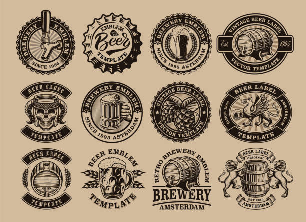 illustrazioni stock, clip art, cartoni animati e icone di tendenza di un fascio di emblemi di birra vintage in bianco e nero - pub