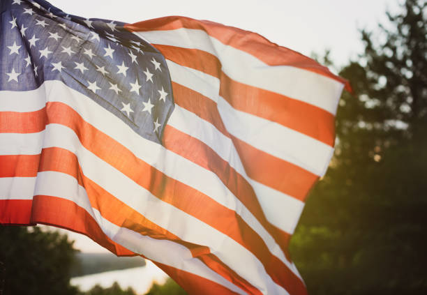 Veterans Day Flag Of The United States Of America. American flag flying on the background of the setting sun in nature. stock photo
