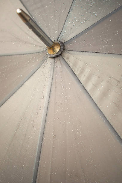 guarda-chuva centro com gotas de chuva sobre ele - cold rain parasol gray - fotografias e filmes do acervo