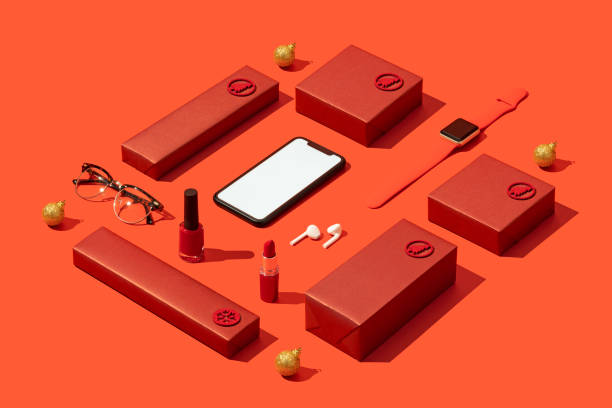 istock Smart phone mockup, template on red background with red gift boxes and makeup, cosmetics flat lay. 1284973154