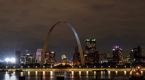 Saint Louis, MO at night, as seen from across the river in Illinois.