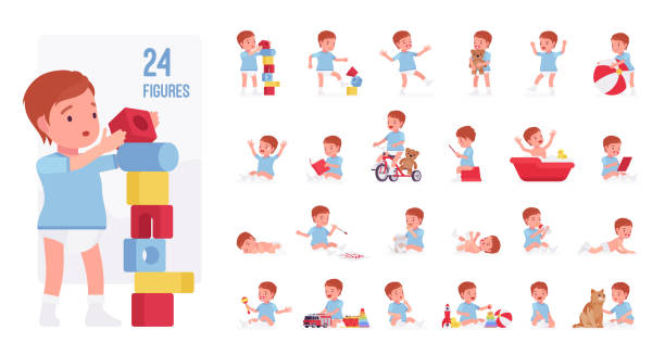 Toddler child, little boy playing with toys character set Toddler child, little boy playing with toys character set, pose sequences. Cute healthy baby 12 to 36 months wearing blue tee shirt, diaper. Full length, different views, gestures, emotions, positions baby play stock illustrations
