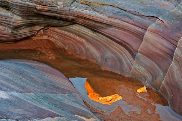 Landscape of a slot canyon with pool of standing water and reflections of rock outcroppings, Valley of Fire State Park, Nevada, USA
