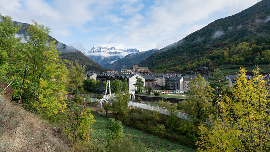 Glarus Süd with several villages and mountain peaks. The high angle image was captured during winter season.