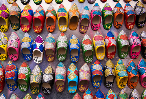 Colorful Moroccan shoe magnets for sale as souvenirs in Morocco