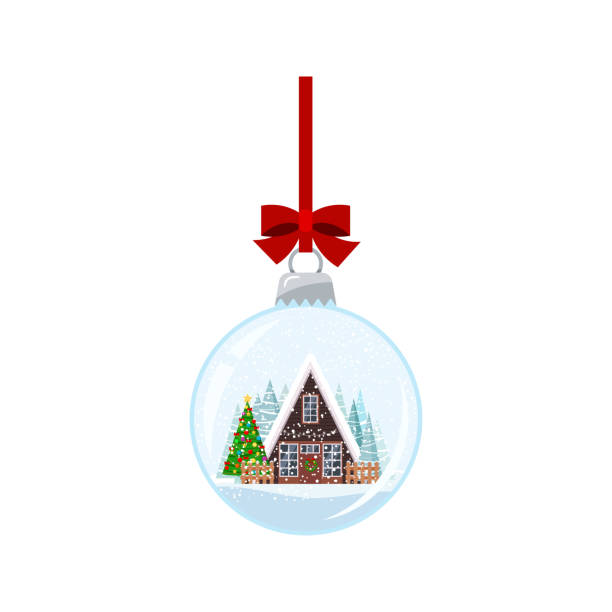 istock Christmas ball with decorated house and xmas tree isolated on white background. 1284979033