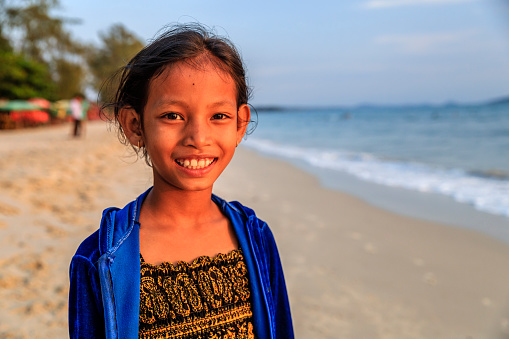Portrait of Cambodian little girl on the beach, Cambodia