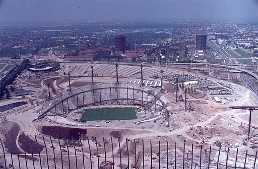 Munich, Bavaria, Germany, 1970. The major construction site of the Munich Olympic Stadium.