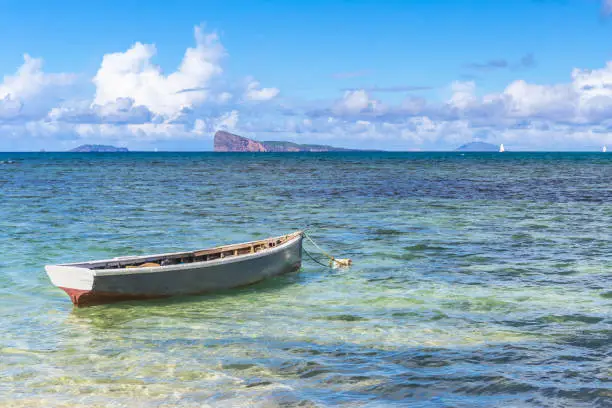 Cap Malheureux,view with turquoise sea and traditional boat,Mauritius island. High quality photo