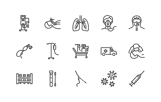 Artificial lung ventilation flat line icons set. Vector illustration coronavirus test and medical equipment for covid-19. Nasal swab laboratory test, icu, oxygen mask, mouth-to-mouth resuscitation, doctor in protective clothing. Editable strokes.