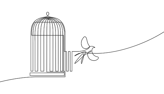 Bird released from birdcage in continuous line art drawing style. Bird flying away from open cage. Rescue, freedom and new opportunities. Minimalist black linear sketch isolated on white background