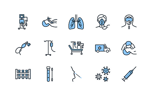 Artificial lung ventilation flat line icons set blue color. Vector illustration coronavirus test and medical equipment for covid-19. Nasal swab laboratory test, icu, oxygen mask, mouth-to-mouth resuscitation, doctor in protective clothing. Editable strokes