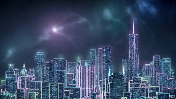 istock Retrowave or synthwave New York city Manhattan skyline 3D rendering illustration. Generic futuristic neon cityscape concept. 1284986381