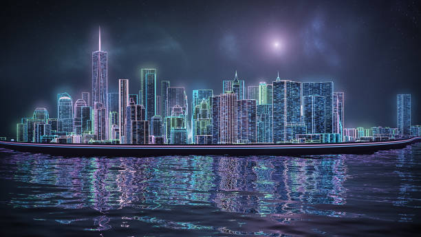 istock Retrowave or synthwave New York city Manhattan skyline 3D rendering illustration. Generic futuristic neon cityscape concept. 1284986391
