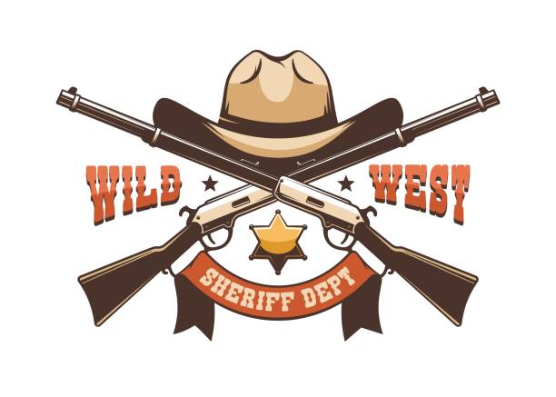 ilustrações de stock, clip art, desenhos animados e ícones de cowboy hat, sheriff star and crossed rifles - wild west retro icon - cowboy hat hat wild west black