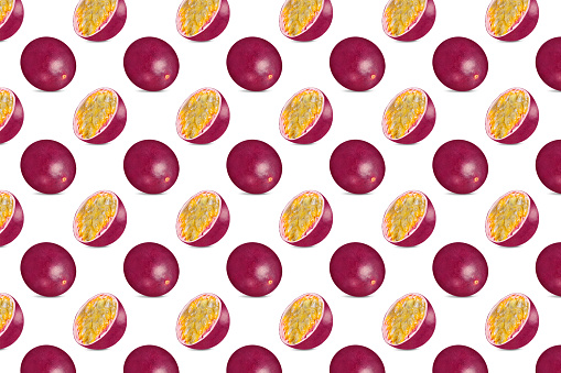 Creative layout of seamless fruits pattern photo. passion fruit on white background. Collage art. Healthy vitamines eating concept. Top view, flat lay.