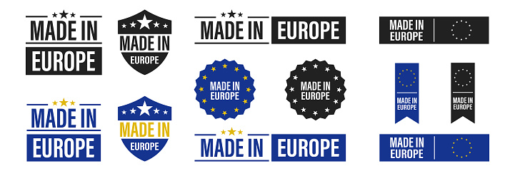 Made in Europe label set . Collection of flat isolated baner made in EU. Vector icon on white background . 10 eps