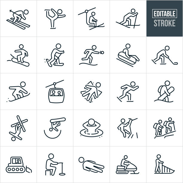 ilustraciones, imágenes clip art, dibujos animados e iconos de stock de iconos de línea delgada de recreación de invierno - trazo editable - esquí deporte