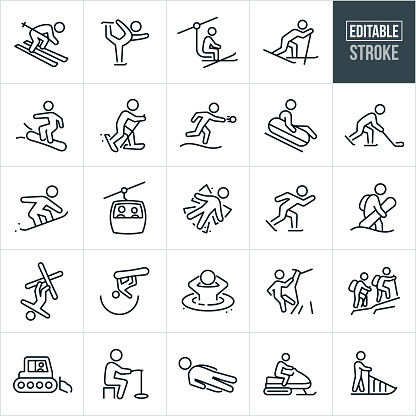 A set of winter recreation icons that include editable strokes or outlines using the EPS vector file. The icons include all sorts of winter recreation activities including a person snow skiing, person ice skating, person riding a ski lift, person cross country skiing, person snowboarding, person snowshoeing, person throwing a snowball, person riding a snow tube, person playing ice hockey, people riding in a gondola, person making a snow angel, person speed skating, person figure skating, person ice climbing, two people hiking, snow cat, person ice fishing, person in hot tub, person riding a luge, person riding a snowmobile and a person riding a dog sled.