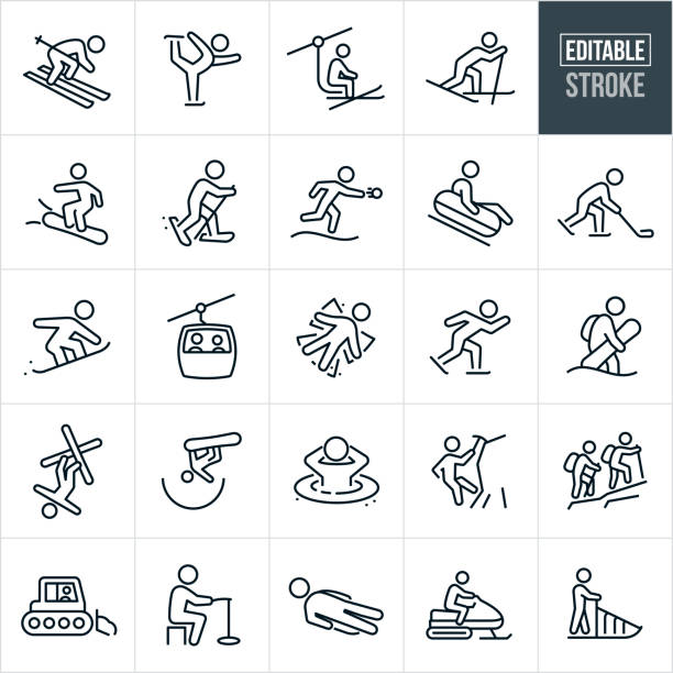 Winter Recreation Thin Line Icons - Editable Stroke A set of winter recreation icons that include editable strokes or outlines using the EPS vector file. The icons include all sorts of winter recreation activities including a person snow skiing, person ice skating, person riding a ski lift, person cross country skiing, person snowboarding, person snowshoeing, person throwing a snowball, person riding a snow tube, person playing ice hockey, people riding in a gondola, person making a snow angel, person speed skating, person figure skating, person ice climbing, two people hiking, snow cat, person ice fishing, person in hot tub, person riding a luge, person riding a snowmobile and a person riding a dog sled. winter sport stock illustrations