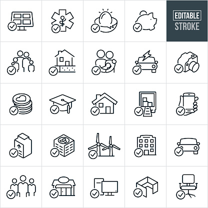 A set of tax deductions icons that include editable strokes or outlines using the EPS vector file. The icons illustrate items that can be used as tax deductions and include - solar, health insurance, investments, savings, family deductions, energy efficient home, parents with baby, electric vehicle, camera equipment, charitable donations, education, home ownership, moving expenses, smartphone, furnace, air conditioner, windmills, business, vehicle, employees, computer equipment, office furniture and other related icons.