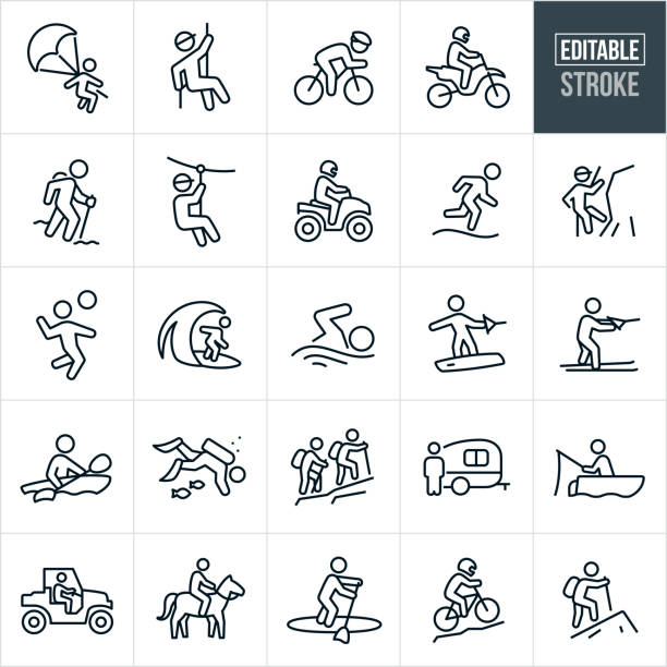 A set of outdoor summer recreation icons that include editable strokes or outlines using the EPS vector file. The icons include people engaged in the following activities - person parasailing, person rappelling, person cycling, person riding dirt bike, person hiking, person riding zip-line, person riding ATV, person running, person rock climbing, person playing volleyball, person surfing, person swimming, person wake-boarding, person water skiing, person kayaking, person scuba-diving, two people hiking, person with RV, person fishing from boat, person driving UTV, person riding horse, person on paddle board and a person mountain biking.