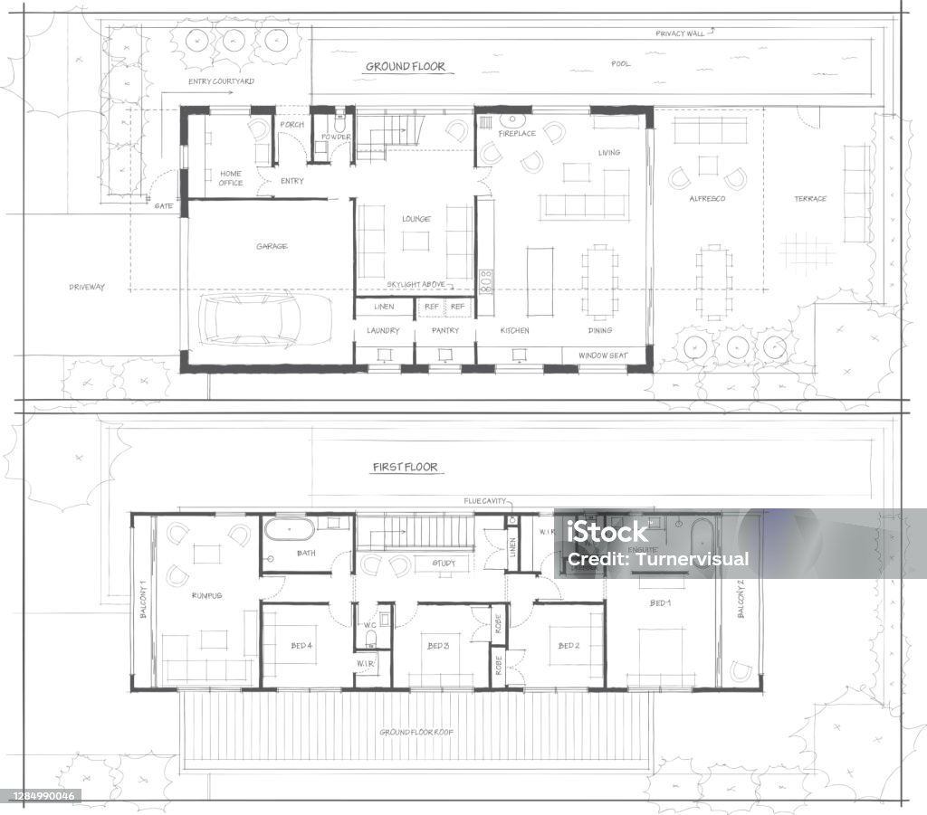 Sketch Design Floor Plan of 2 Storey Home Custom home design hand drawn in sketch style. Floor Plan stock vector
