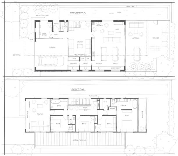 Sketch Design Floor Plan of 2 Storey Home Custom home design hand drawn in sketch style. architect illustrations stock illustrations