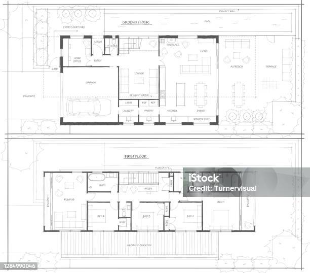 Sketch Design Floor Plan Of 2 Storey Home Stock Illustration - Download Image Now - Floor Plan, Plan - Document, House