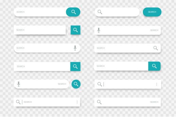 Search bar. Input lines with find buttons, magnifier and microphone icons. Browser interface, web site or mobile application elements on transparent background. Vector template set Search bar. Collection of input lines with find buttons, magnifier and microphone icons. Browser interface option, web site or mobile application element on transparent background. Vector template set microphone borders stock illustrations
