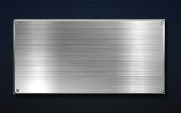 istock Metal banner. Realistic iron plate. Stainless steel board with silver shine and texture. Metallic surface secured with screws. Platinum blank place for text or logo, vector background 1284992155