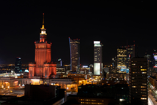 Warsaw, Poland - 17th April, 2019: View on a Warsaw city center at night. The Warsaw is the largest city in Poland.